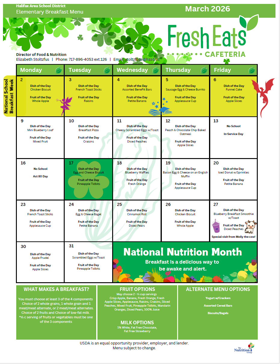 A colorful menu displays "Fresh Eats" for March 2026. It includes a breakfast menu, fruit options, and milk options.