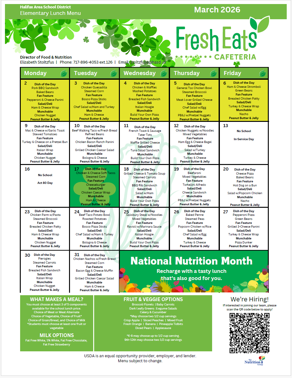 Green-themed menu for March 2026 with daily meal options. Includes sections for fruit and vegetable choices, milk options, and a hiring announcement.