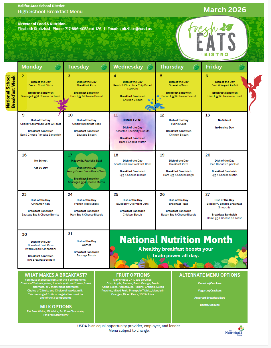 March 2026 breakfast menu with weekly options. It has a green background with the text "National Nutrition Month" at the bottom.
