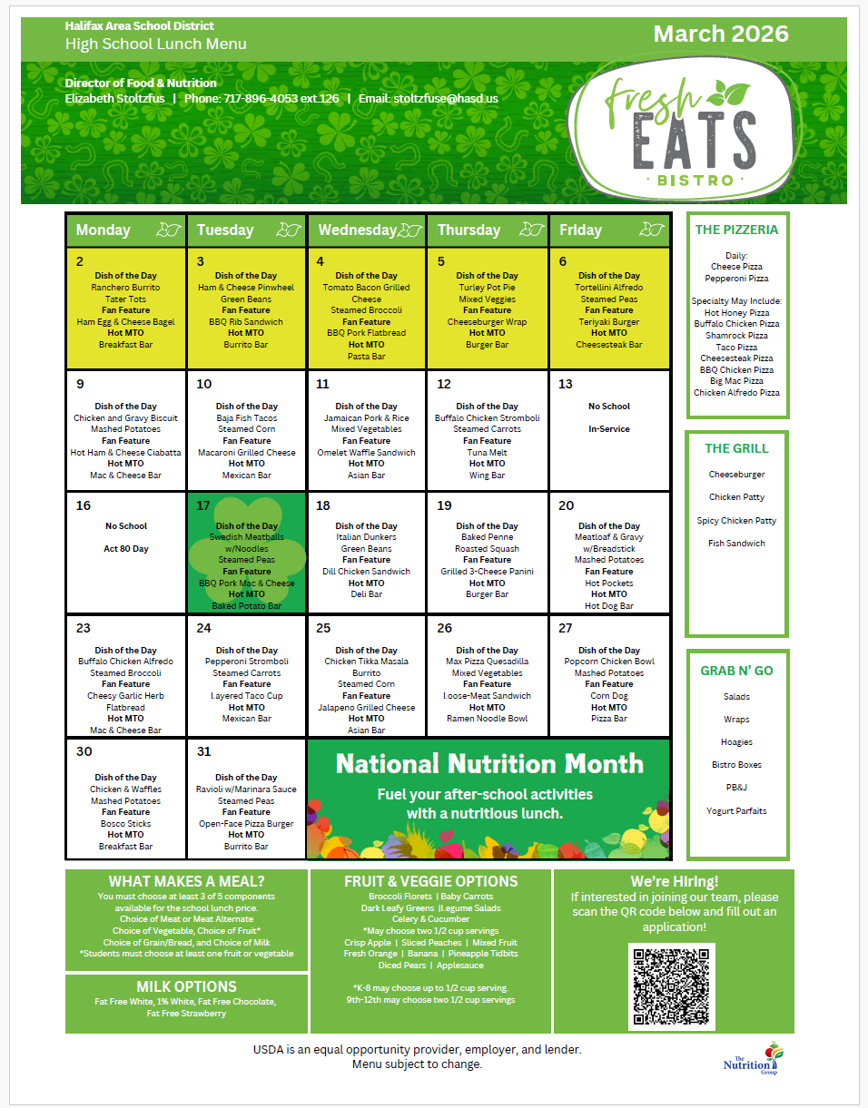 A March 2026 lunch menu from Fresh Eats Bistro, featuring a calendar with daily menu items, a green and yellow background, and a section for hiring.