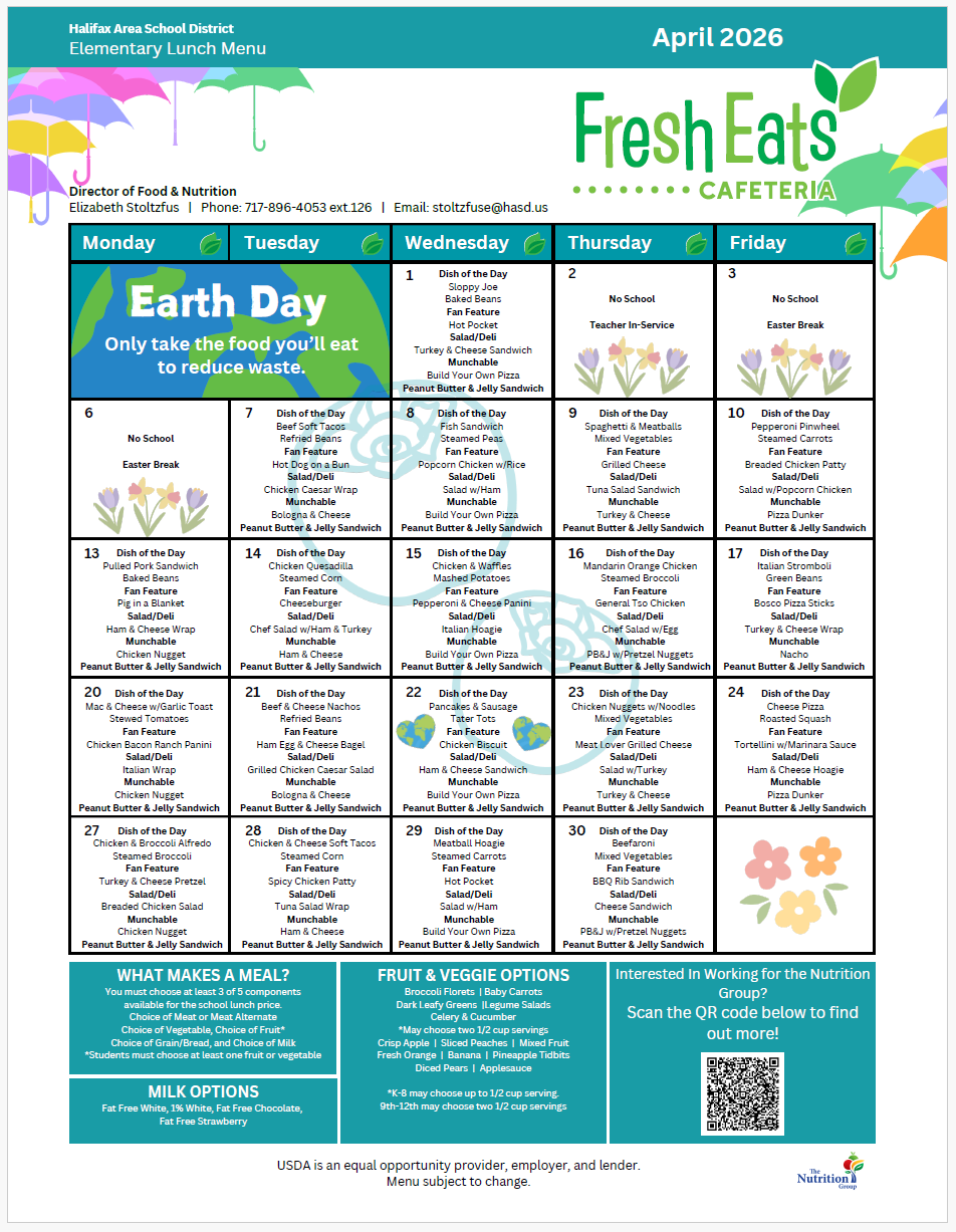 A school lunch menu for April 2026. Text reads "Fresh Eats" at the top. An image of flowers.