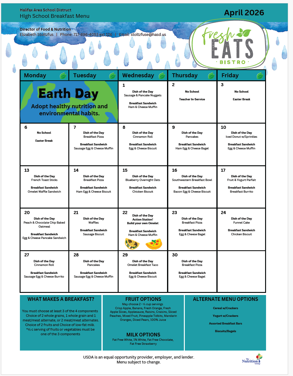 A menu for April 2026. Highlights include Earth Day, breakfast options, and milk options.