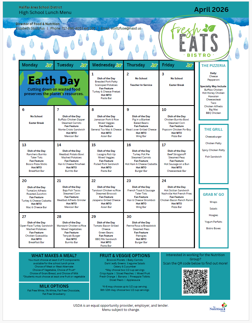 Menu for April 2026 features a green background with a calendar layout. Menu items are organized by days of the week.