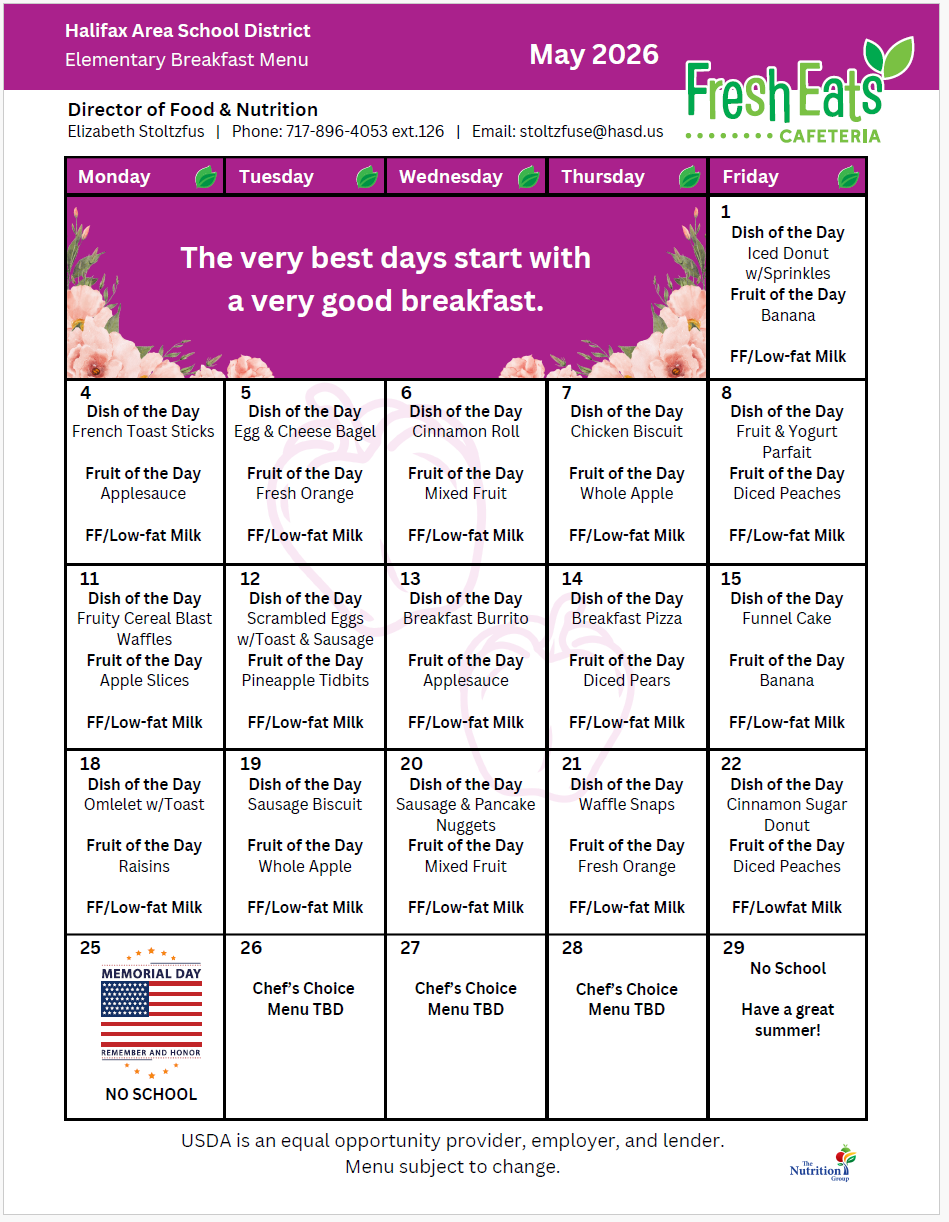 A food menu for May 2026. It includes breakfast choices for each weekday and a weekly menu.