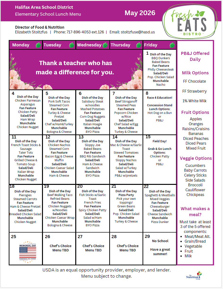 A calendar for May 2026 displays a school menu with daily meal options and highlights "Thank a teacher who has made a difference for you."