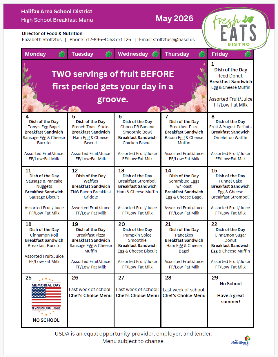 May 2026 Fresh Eats menu shows daily options for two servings of fruit and breakfast sandwiches, along with options for Memorial Day and last week of school.