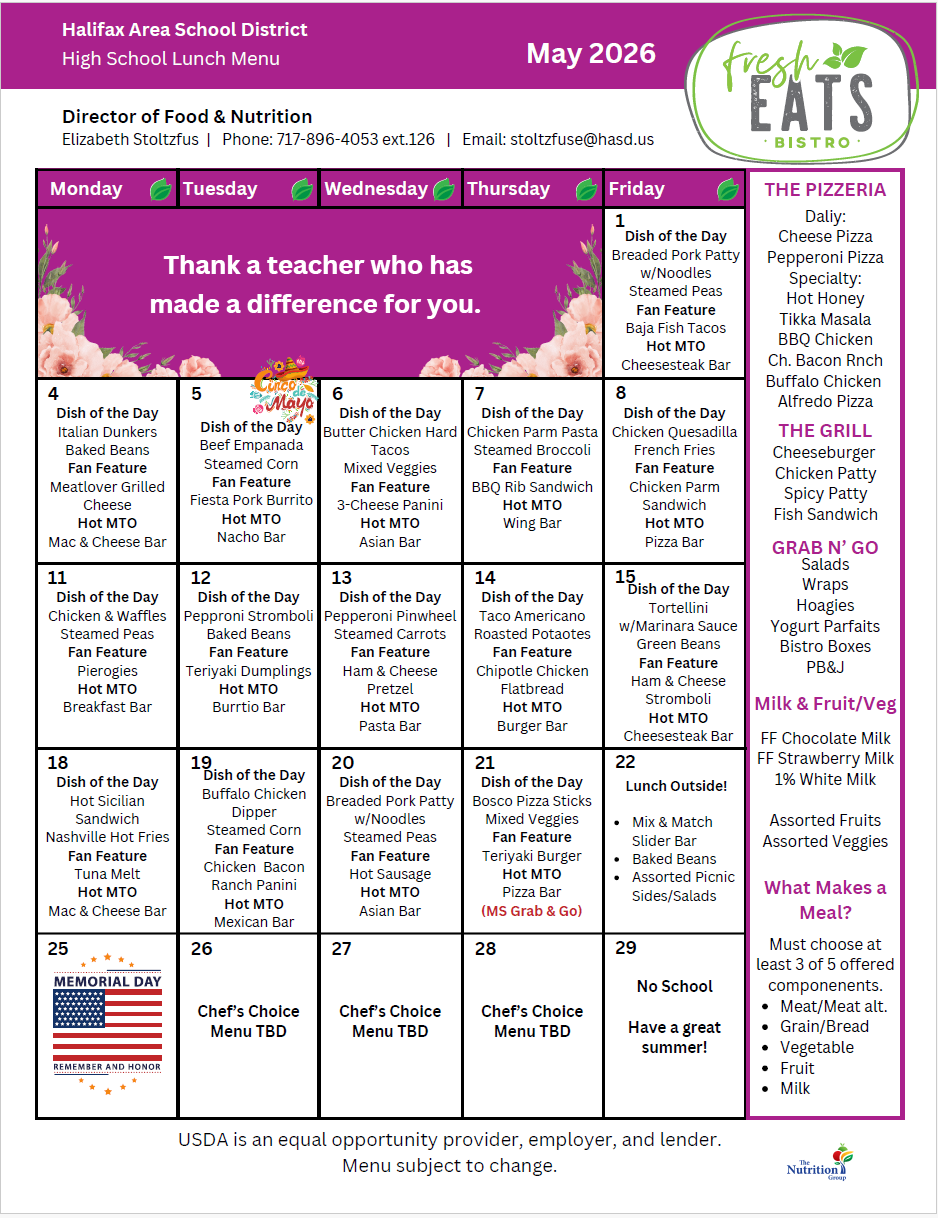 Document displaying a May 2026 school menu with daily lunch options, including chicken, fish, tacos, and pasta.