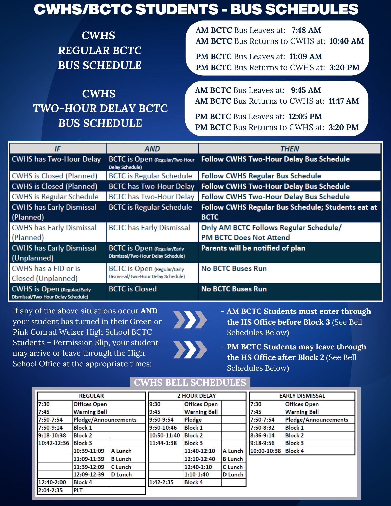 CWHS and BCTC Bus Schedules for Alternate Schedules