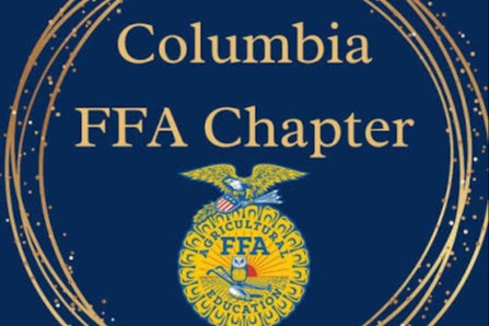 Blue backdrop with golden outline. Center logo: shield with an eagle, flag, plow, and rising sun. Text: "Columbia FFA Chapter" above the logo.