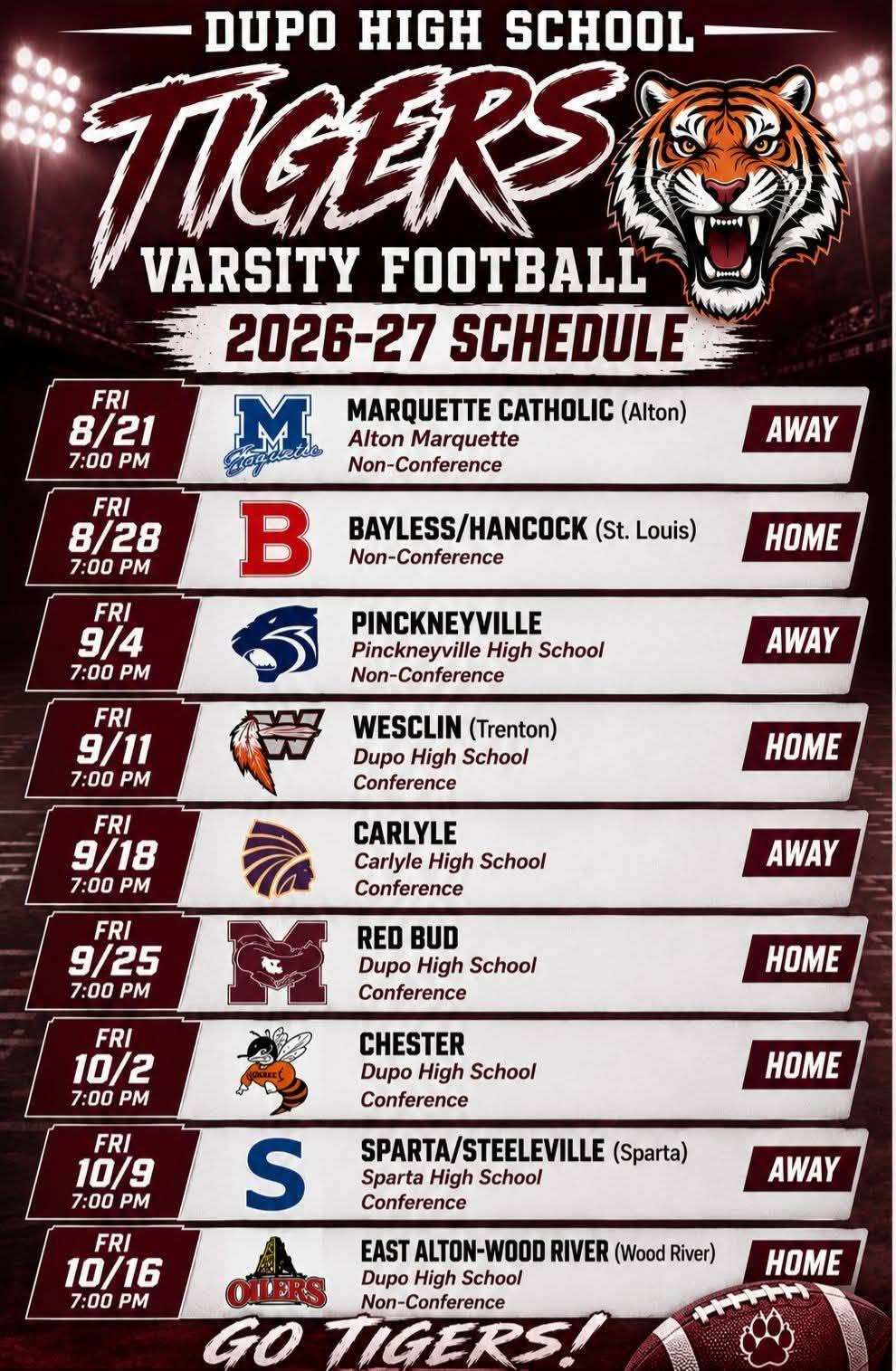 Football schedule for Dupo High School Tigers. Teams listed with dates, locations, and opponents. Background has a tiger's head and a football.