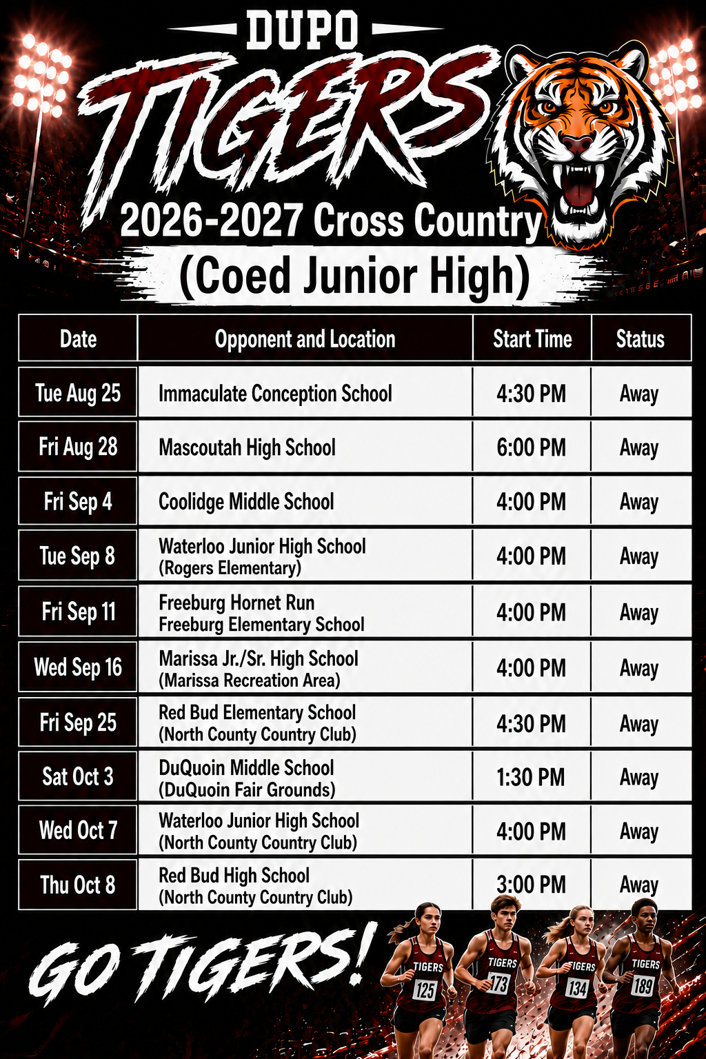 Tiger graphic with red and black accents. Schedule for cross country matches with opponent school, date, time, and location.