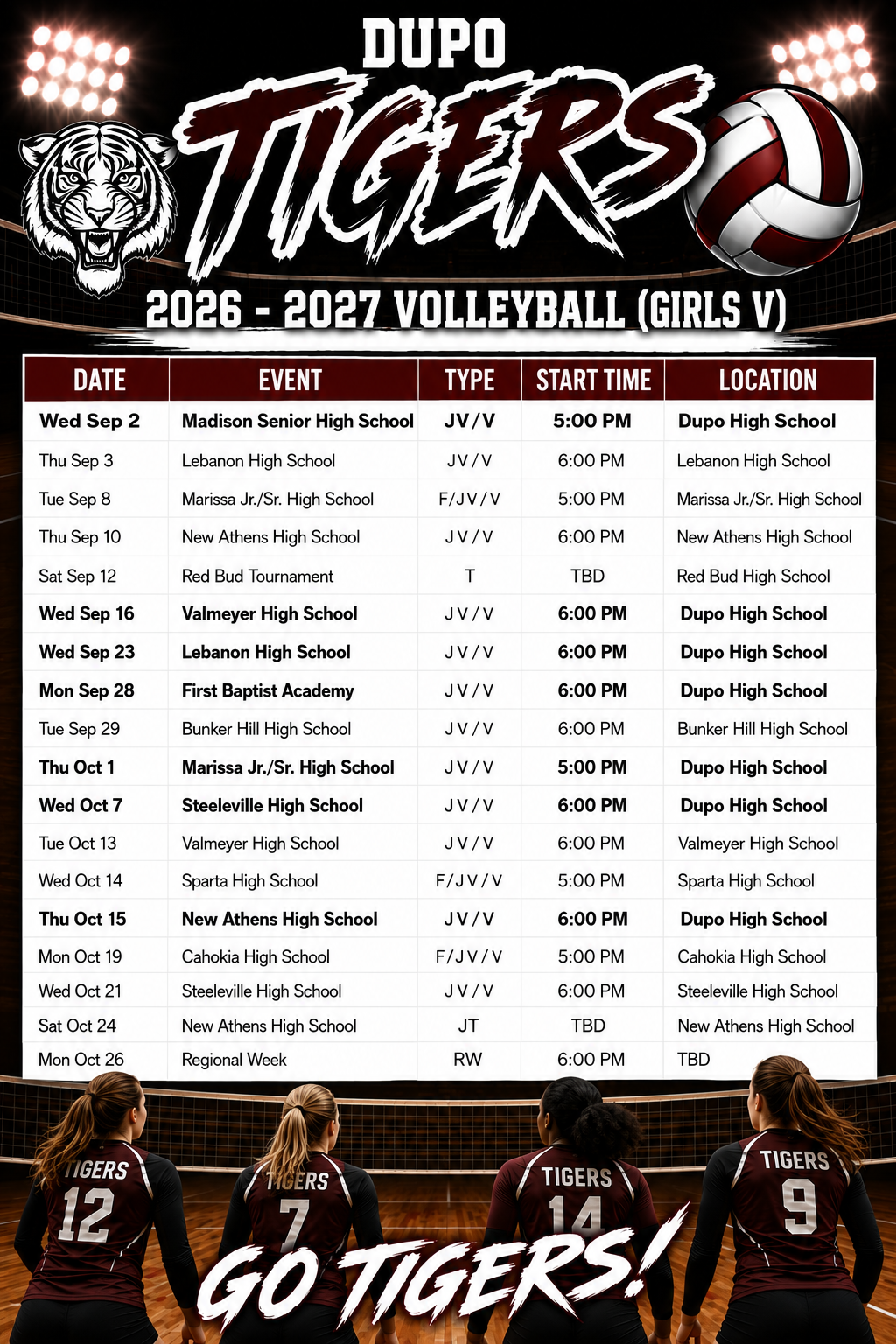 Volleyball schedule displays a grid of events from Sept 2026 to Oct 2027. Four players in maroon and white jerseys.