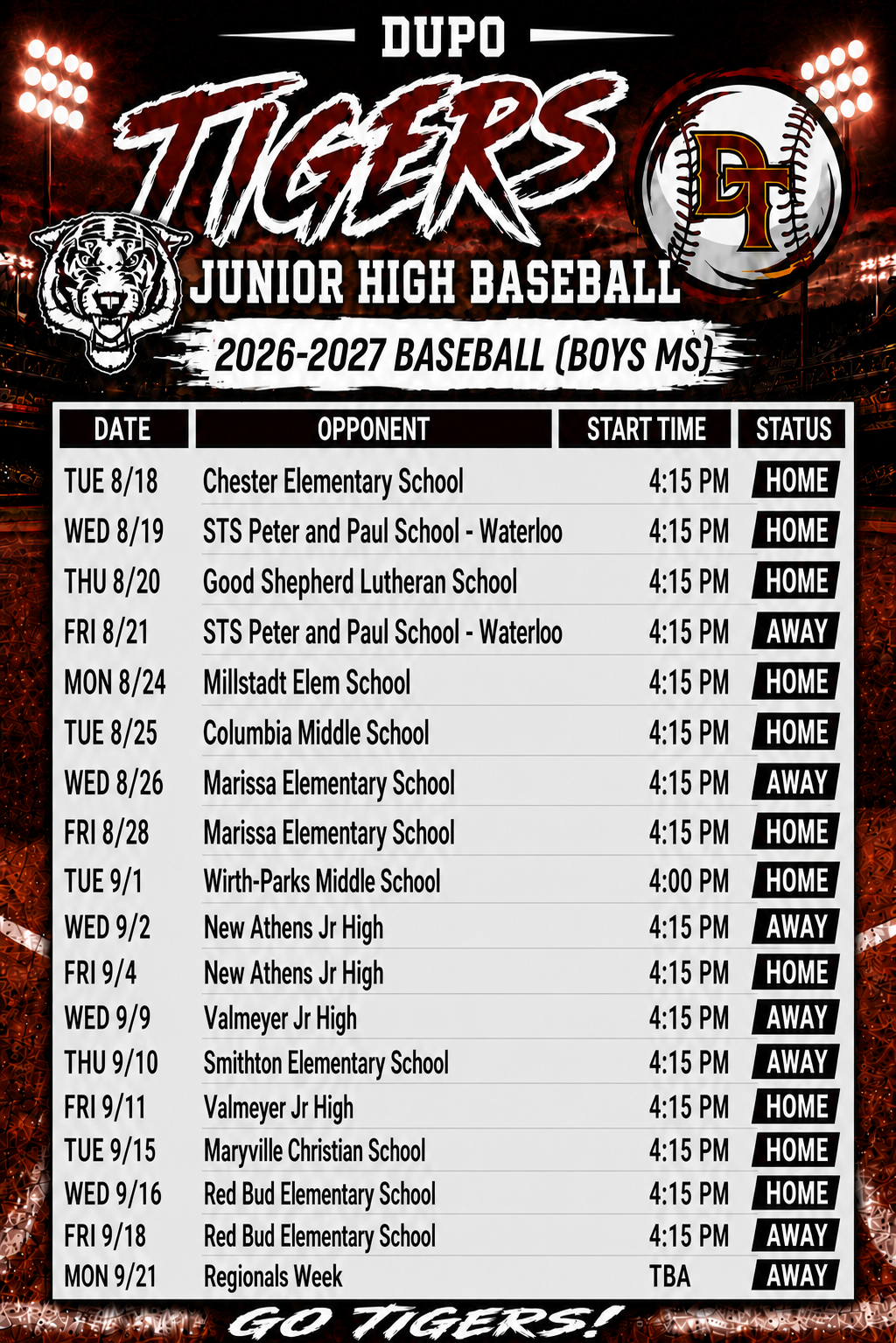 Poster with "Dupo Tigers Junior High Baseball 2026-2027" at the top. Below, a schedule of games is listed with dates, opponent schools, and whether the games are home or away.