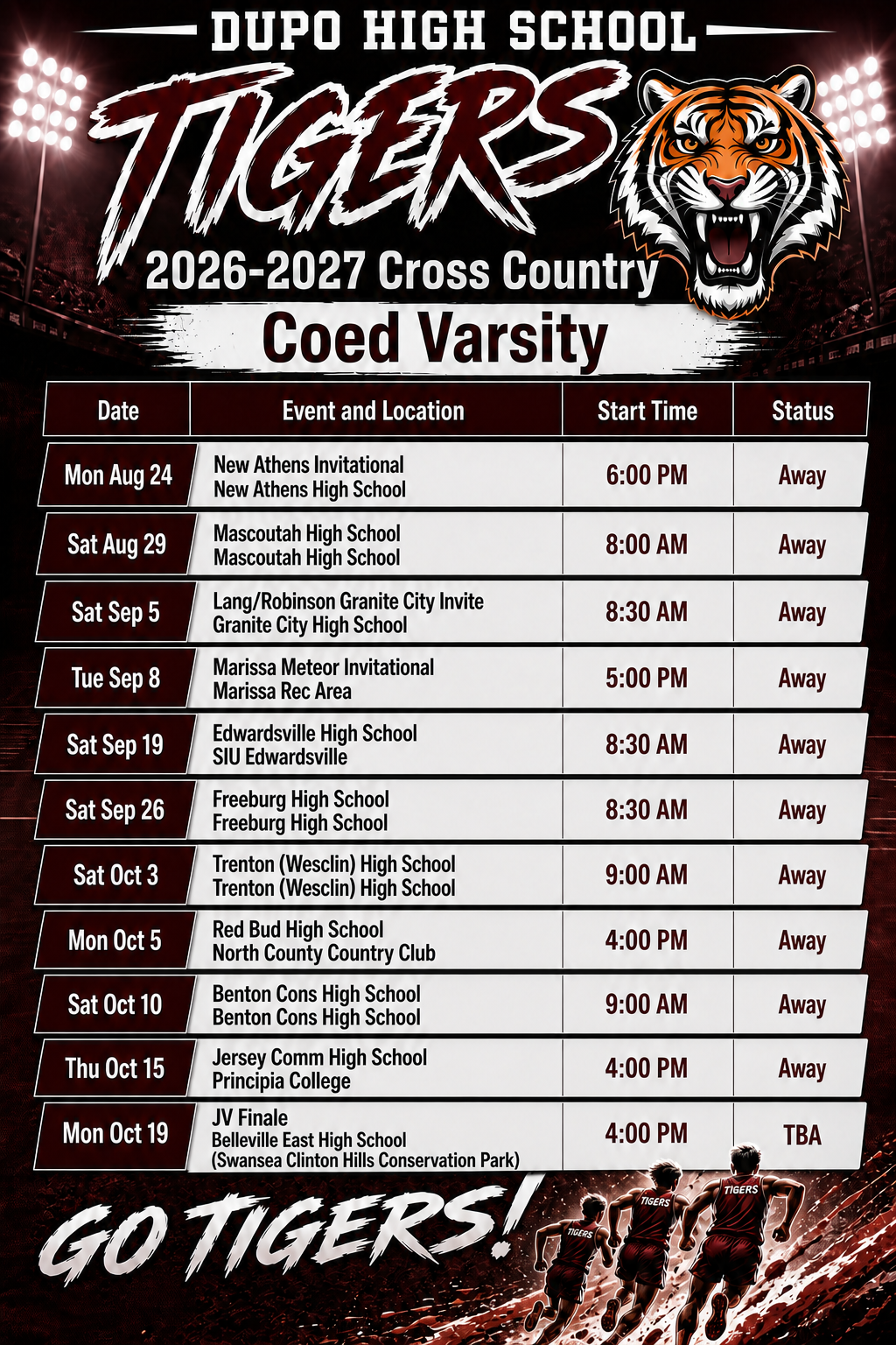 Poster with a tiger head, text "Dupo High School Tigers 2026-2027 Coed Varsity", a schedule with dates, times, and locations for cross country events.