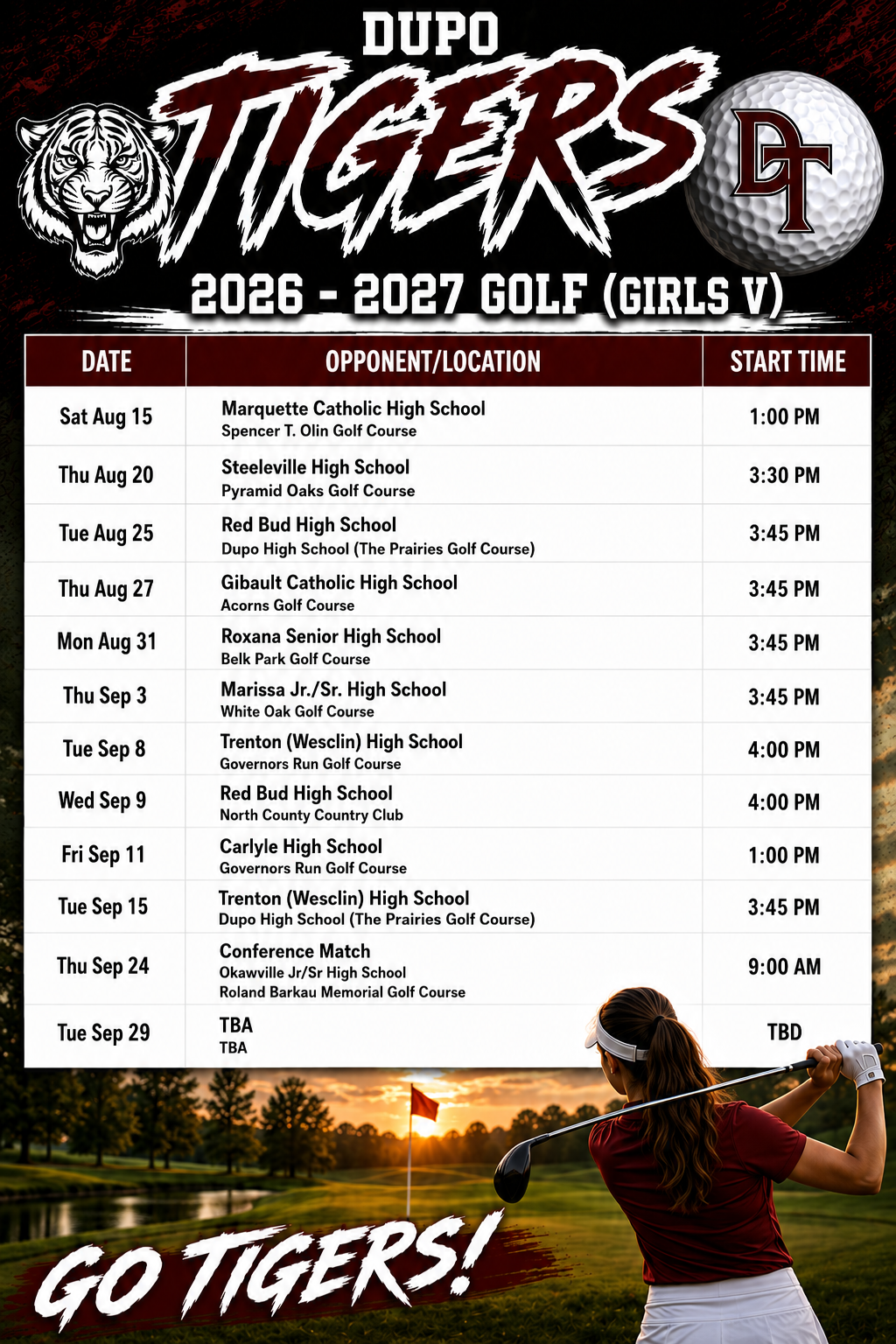 A poster with a golf ball, text "DUPO TIGERS 2026-2027 Golf (Girls V)", and a schedule for games.