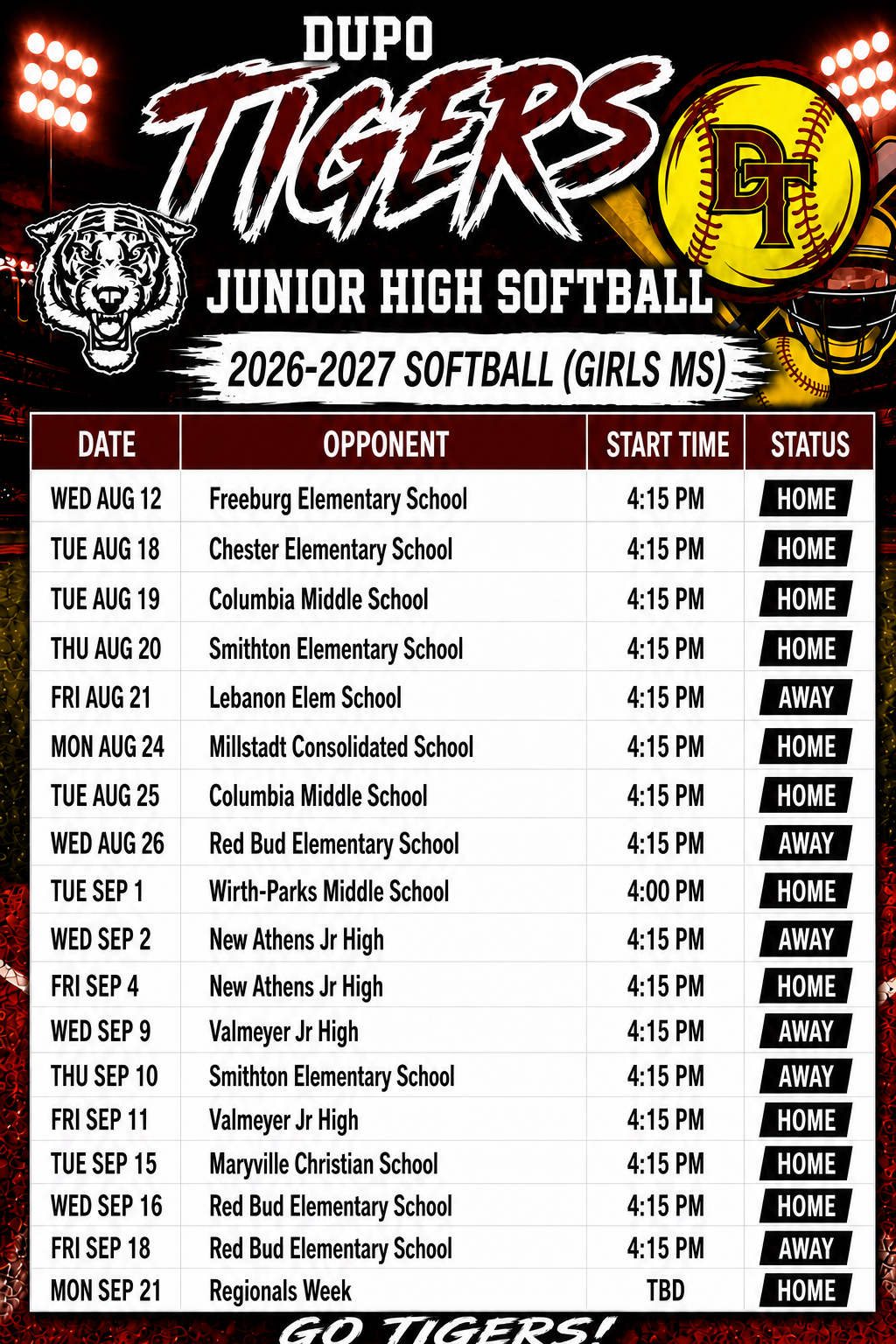 A schedule for Dupo Tigers Junior High softball games from 2026-2027 is shown. Opponents and times are listed.