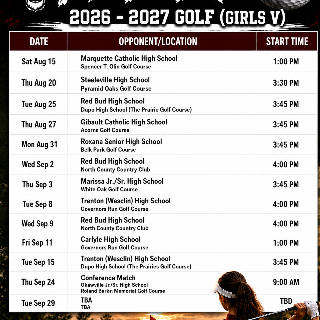 Poster with "Dupo Tigers" and "2026-2027 Golf (Girls V)" title. Schedule shows dates, locations, and times. A woman swings a golf club.
