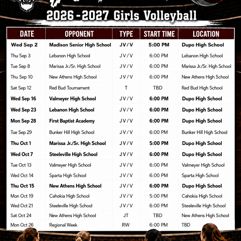 A sports schedule displays the "Dupo Tigers" volleyball team's games for 2026-2027. The games are listed with date, opponent, type, start time, and location.