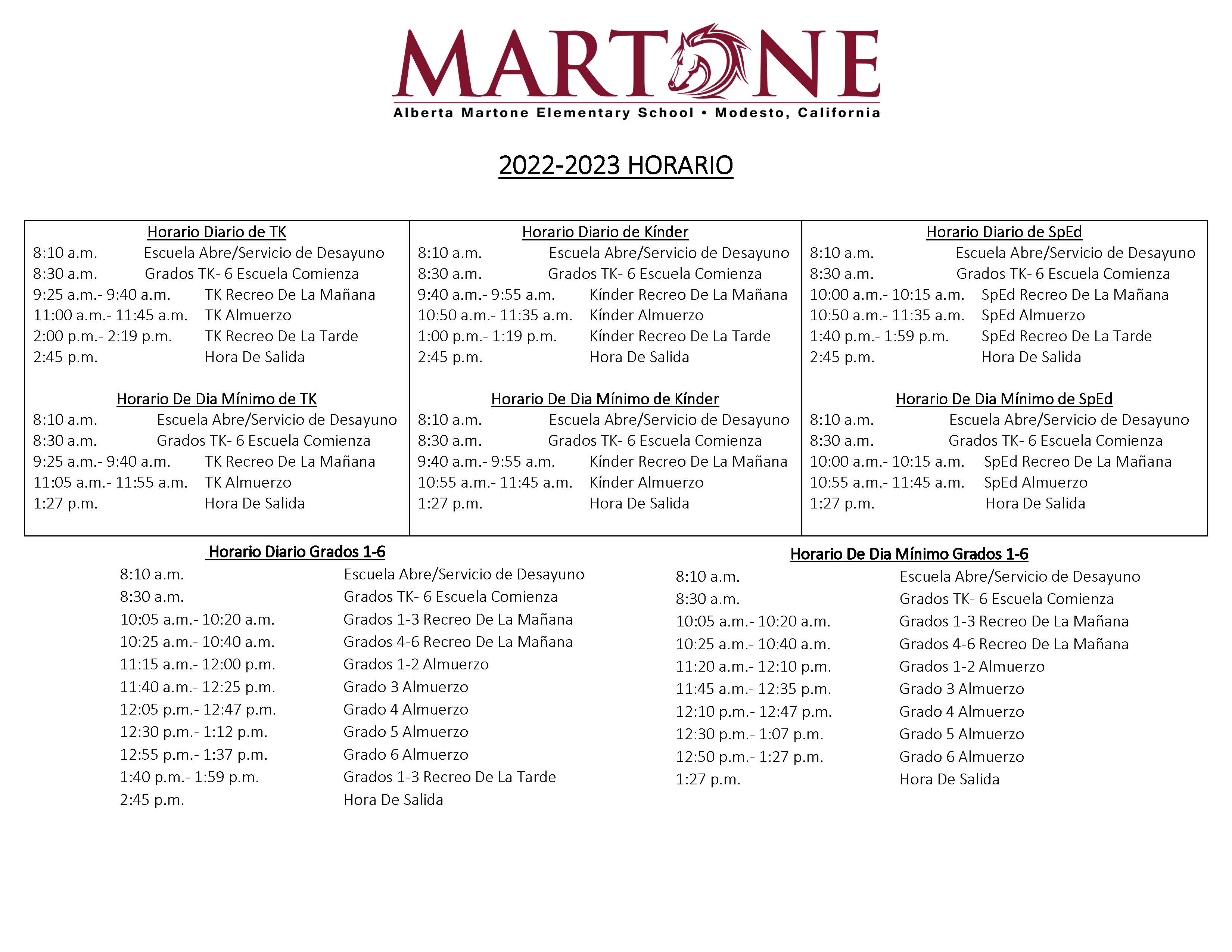 image of bell schedule in Spanish