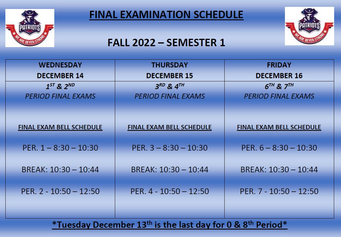 Finals Schedule 2022