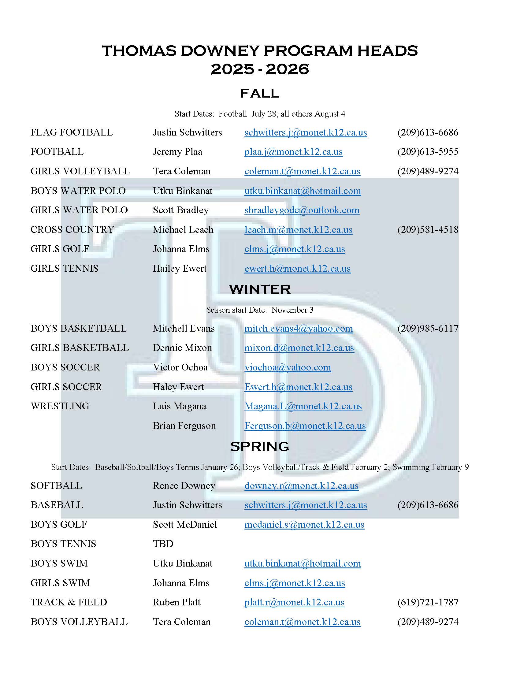 25-26 Head coaches for Downey Atheletics