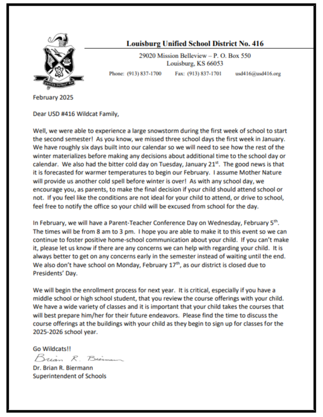 Superintendent Letter February