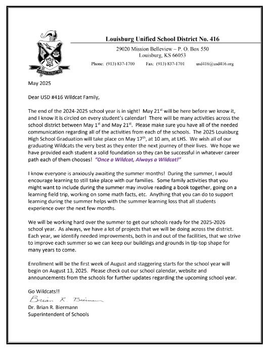 Superintendent Letter May