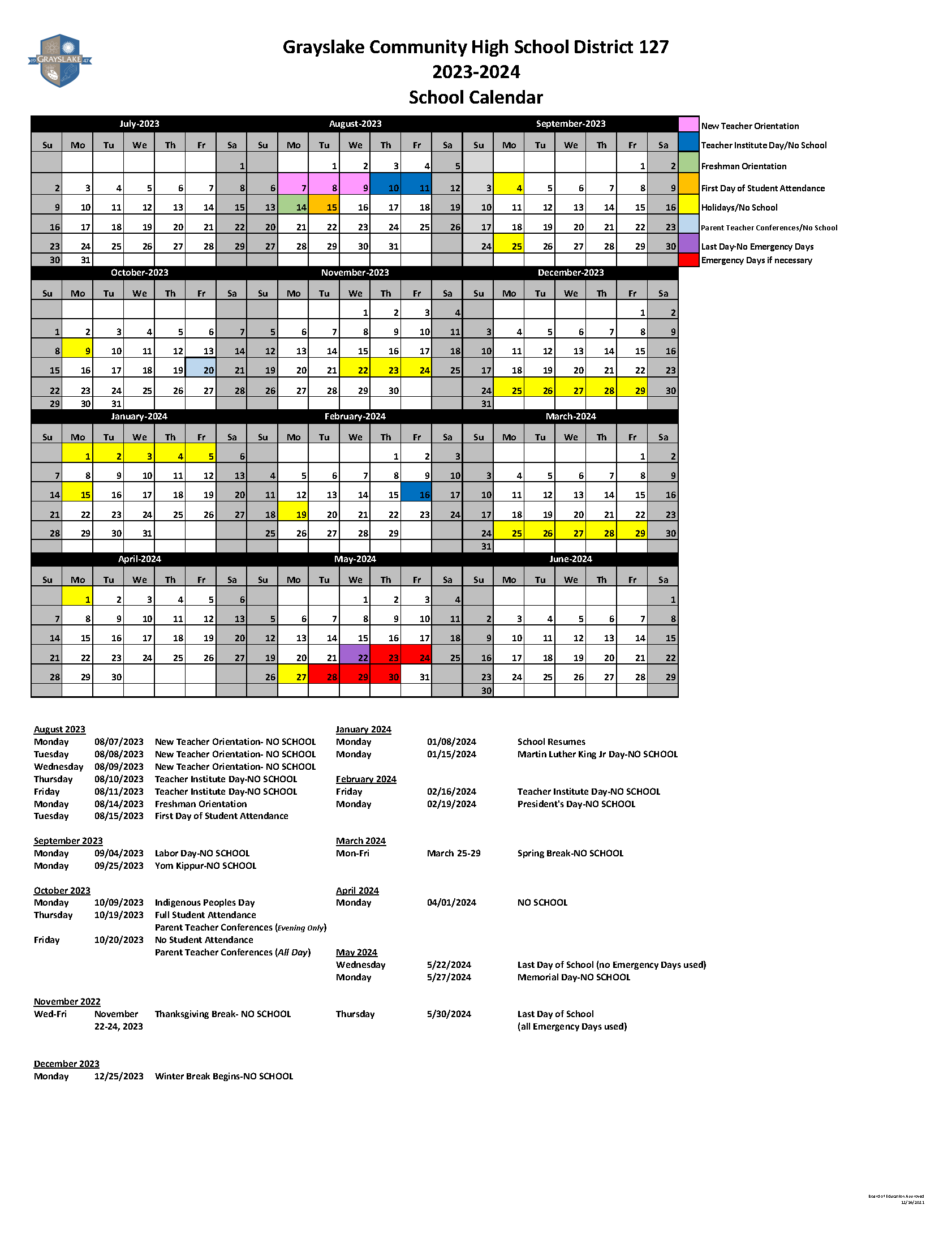 20232024 Planning Calendar Grayslake Community High School District 127