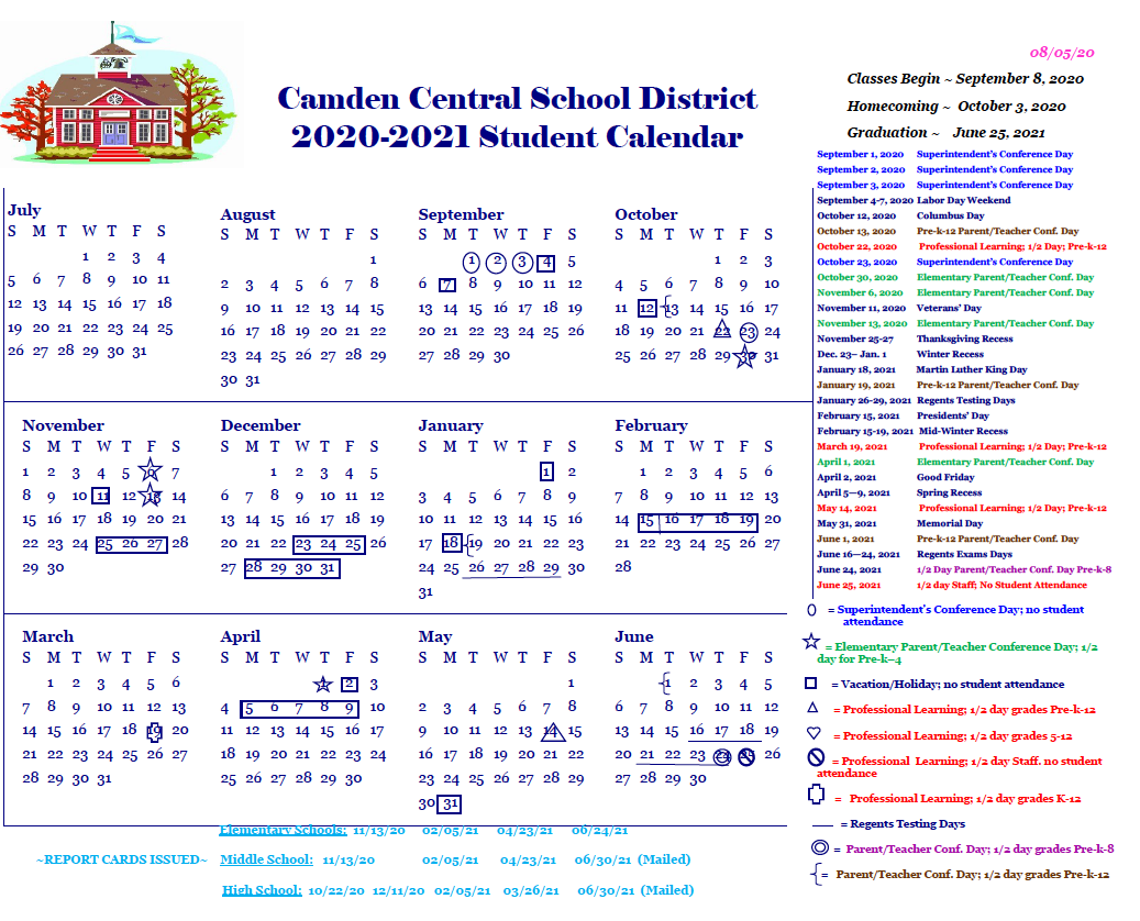 Student Attendance Calendar for 2020-2021