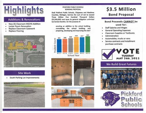 Highlights Additions & Renovations Shall Pickford Pubic Schoob, Chippewa and Mackinie $3.5 Million Bond Proposal Rand Proceeds CANNOT bo uced fore School Year VOTE TUESDAY MAY 3RD, 2022 We Bud Great sutures Site Work . Pickford Public Schools