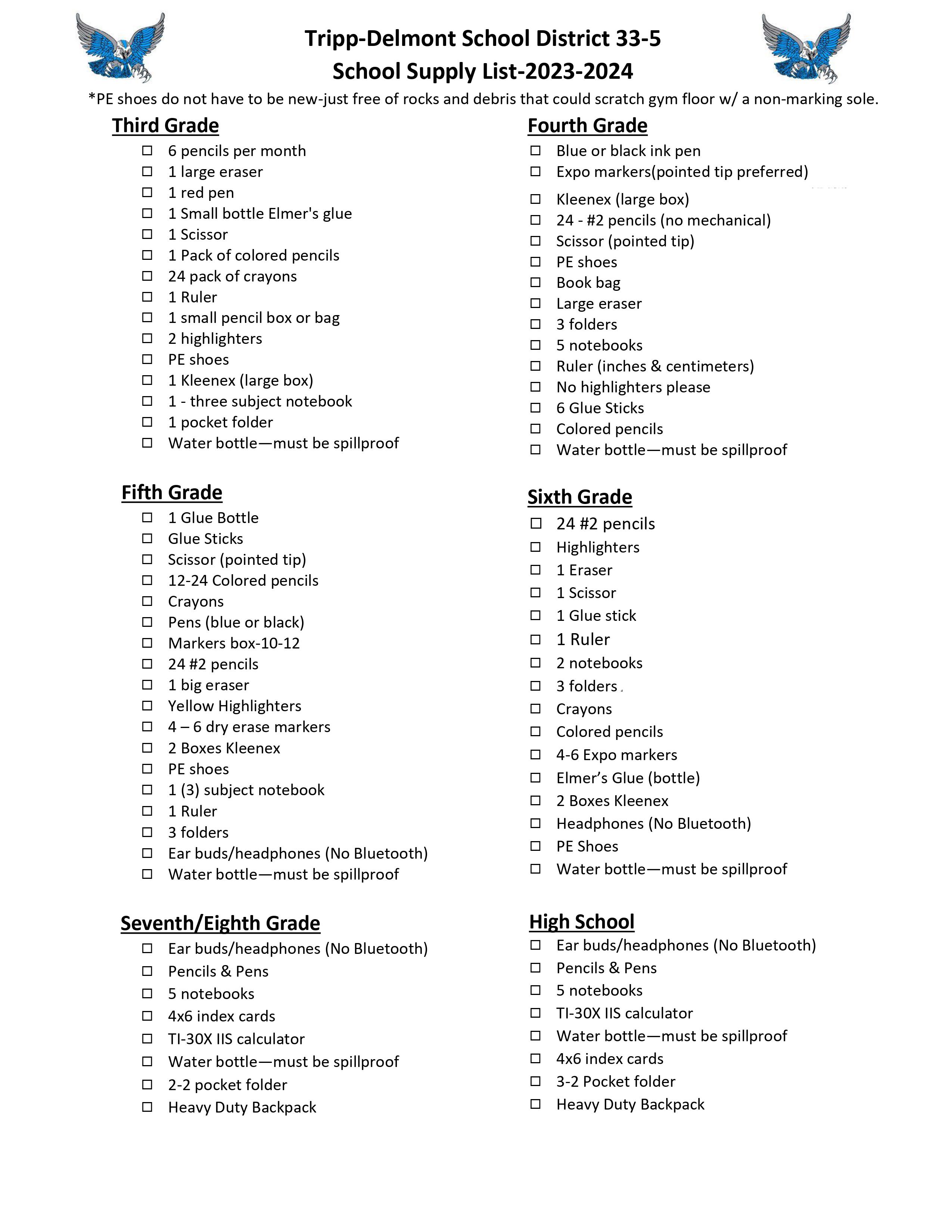 School Supply List 2023-2024 | Tripp-Delmont School District