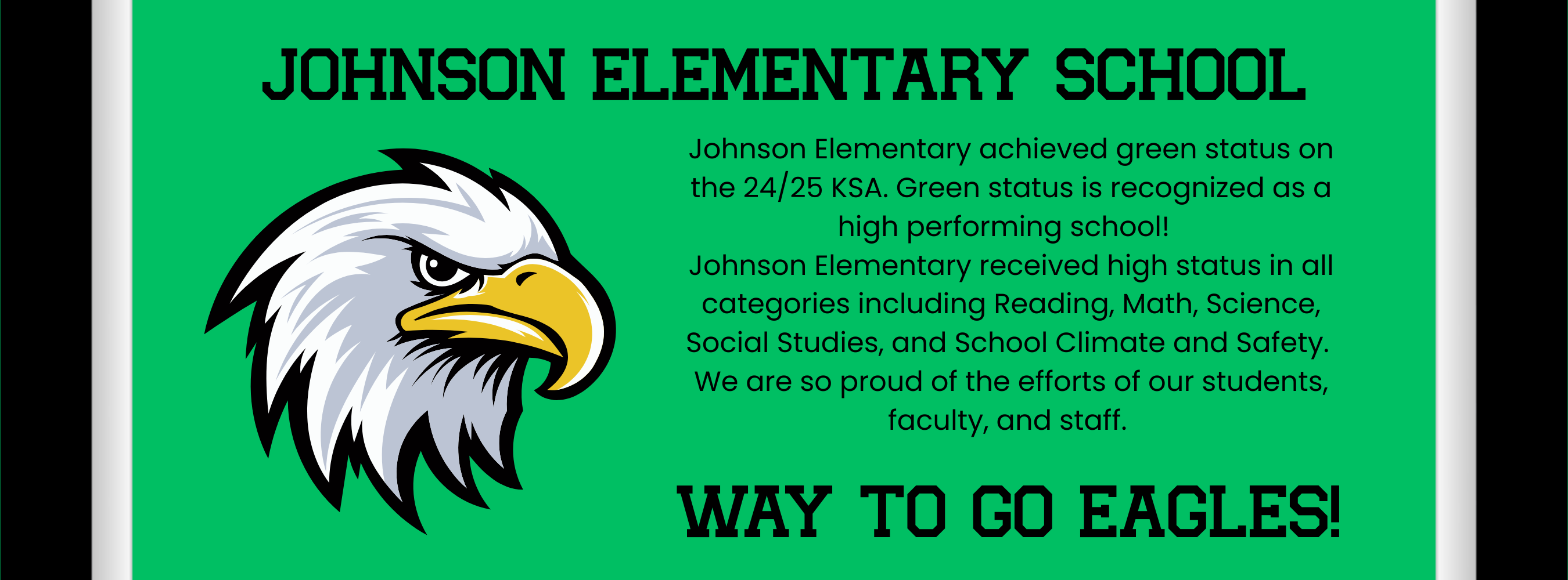Johnson Elementary School - Johnson Elementary achieved green status on the 24/25 KSA. Green status is recognized as a high performing school!   Johnson Elementary received high status in all categories including Reading, Math, Science, Social Studies, and School Climate and Safety.  We are so proud of the efforts of our students, faculty, and staff.    Way to go, Eagles!