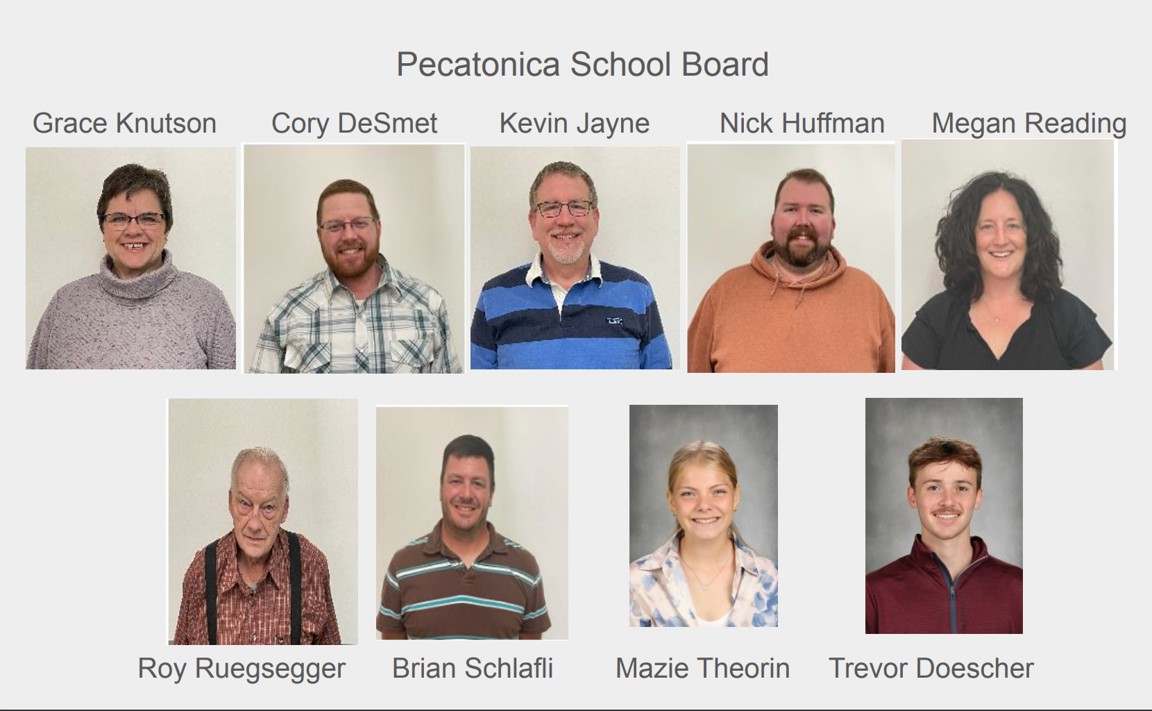 School Board  Grace Knustson, Corey DeSmet, Kevin Jayne, Nick Huffman, Megan REading, Roy Ruegsegger, Brian Schlafli, Mazie Theorin, Trevor Doescher