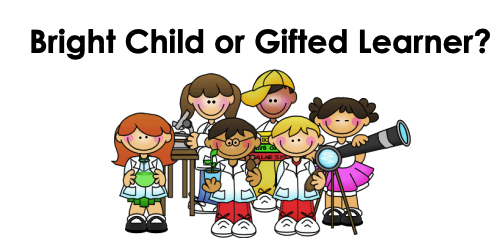 Text reading "Bright Child or Gifted Learner" with a group of cartoon children dressed as scientists, doctors, astrologists, and more