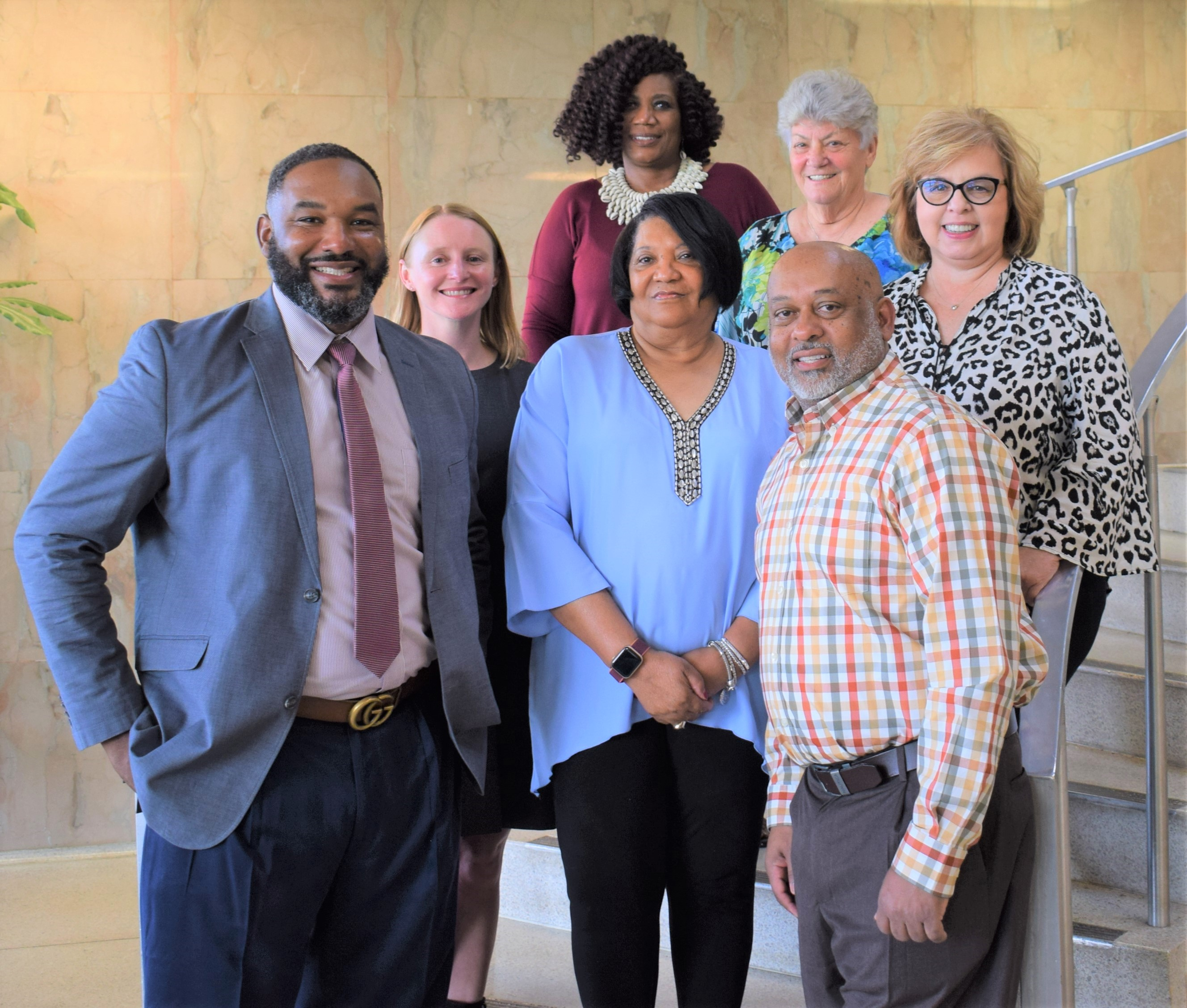 Members of the Blytheville School District's Board of Education are (front, from left) Desmond Hammett, Barbara Wells, Billy Fair (in back, from left) Erin Carrington, Michelle Sims, Tobey Johnson, and Tracey Ritchey. 