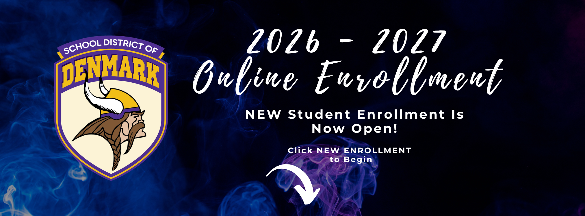Blue and purple background with a school logo and text reading "2026 - 2027 Online Enrollment Now Open!"