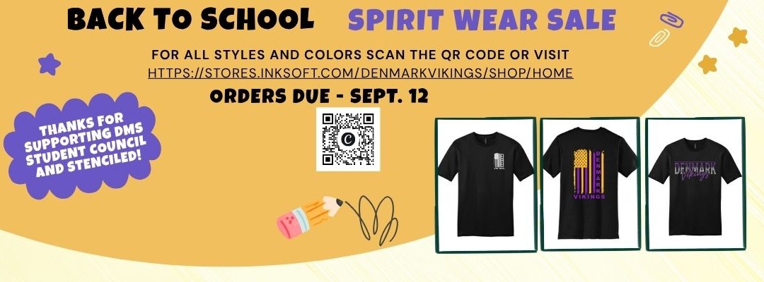 Banner for a Spirit Wear Sale. Three black t-shirts are shown. The deadline for orders is Sept. 12.