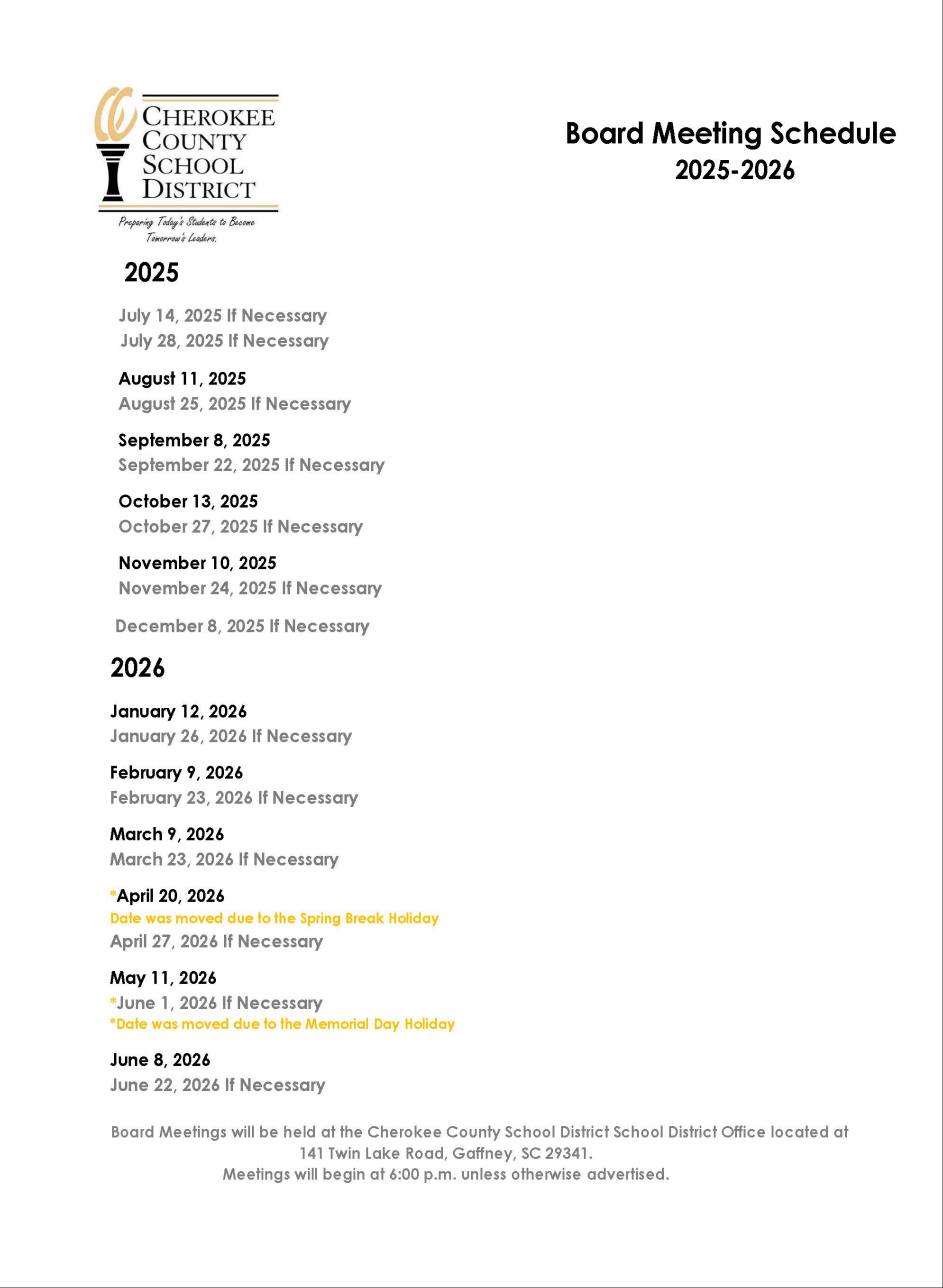 Board Meeting Times