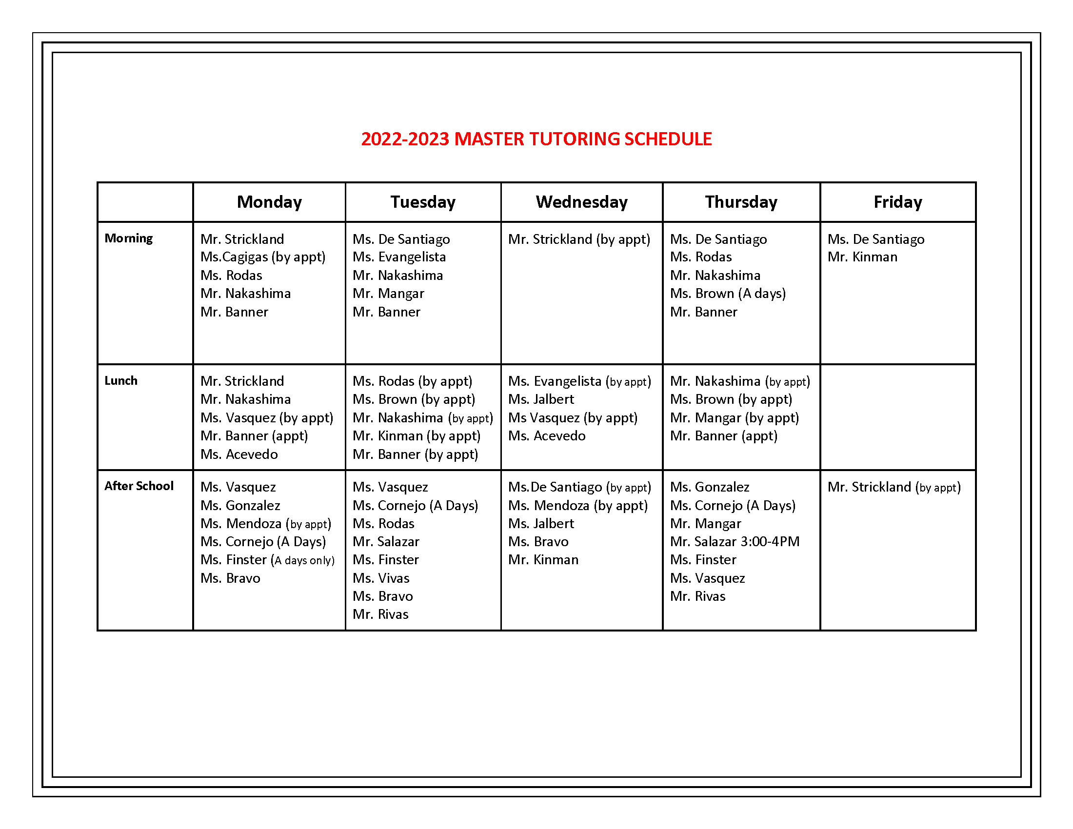 Tutoring Schedule for Sacred Heart High School