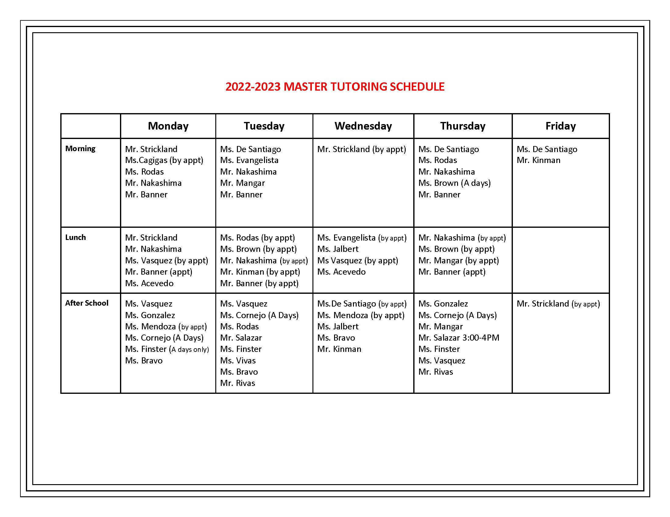 Tutoring Schedule Sacred Heart High School