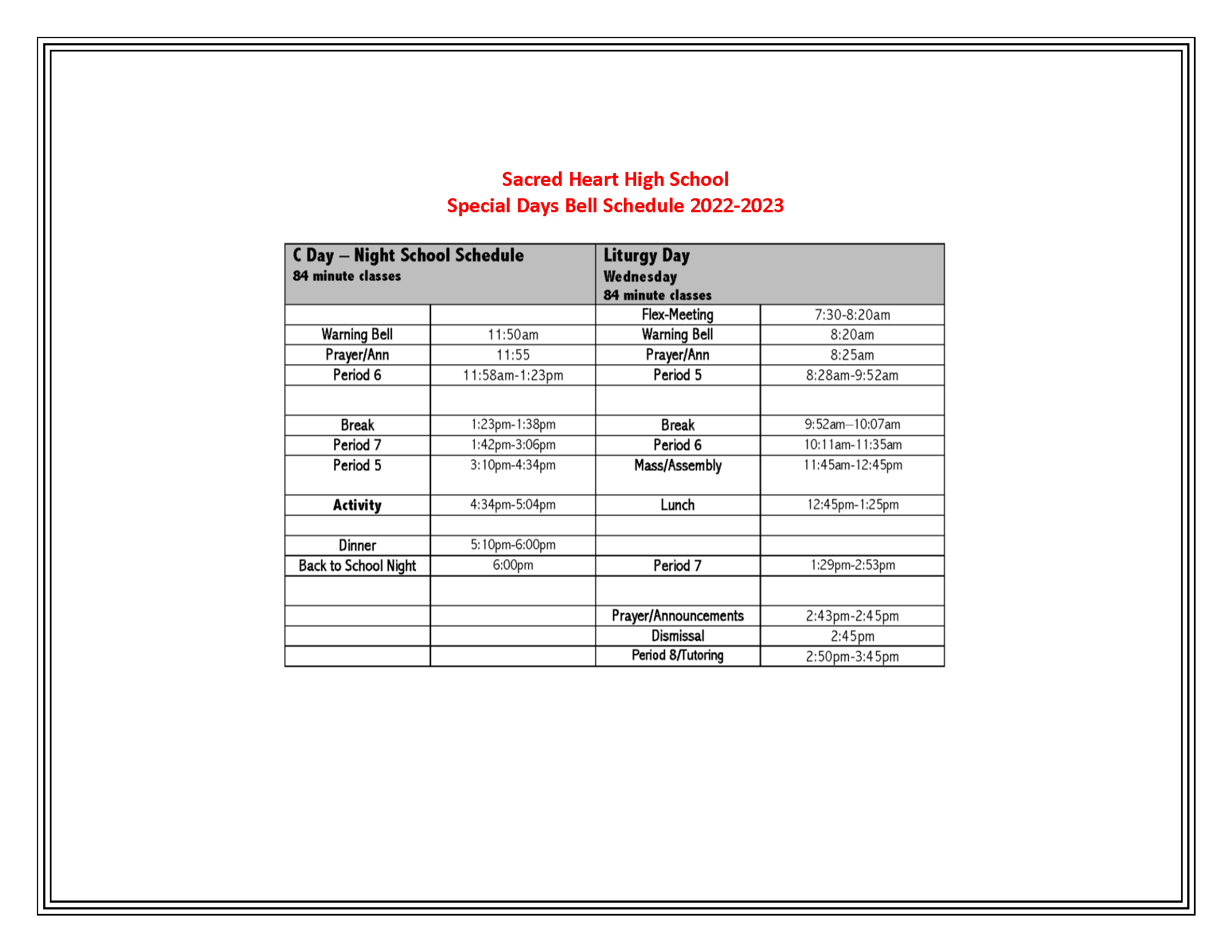 Sacred Heart Bell Schedule