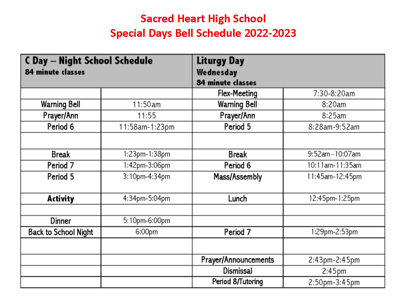 Bell Schedule Sacred Heart High School