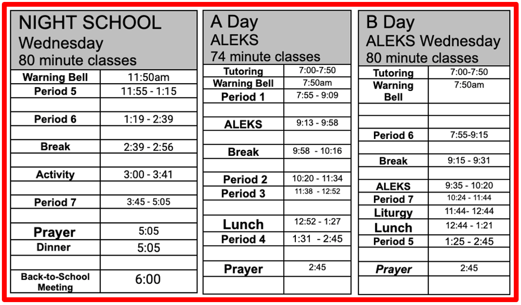 Sacred Heart Bell Schedule