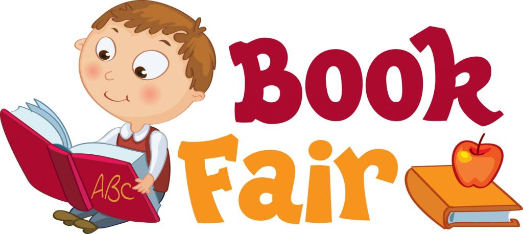 Cartoon image  of boy reading a book and text that says Book Fair