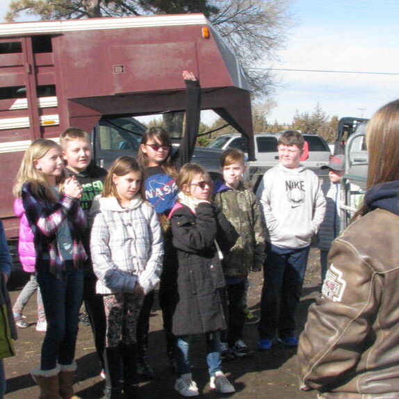 Group of elementary students learning about a horse for BARN YARD AND FARM SAFETY DAY