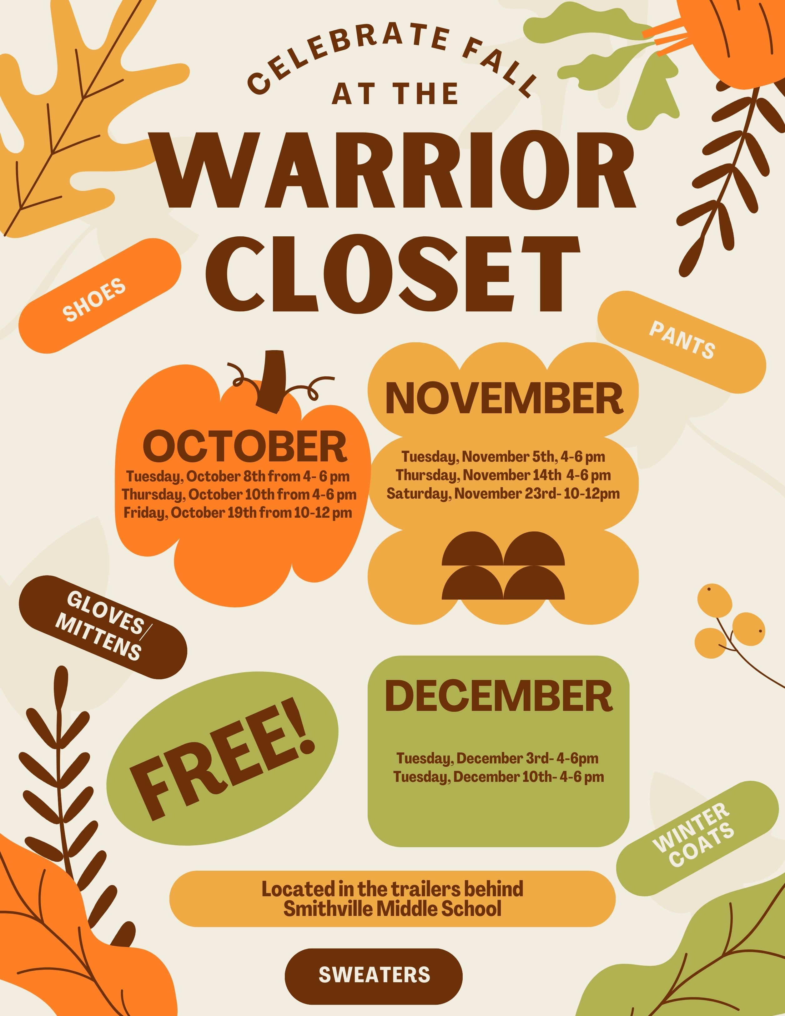 Warrior Closet - 10/8 4-6pm,10/10 4-6pm, 10/19 10am-12pm, 11/5 4-6pm, 11/14 4-6pm, 11/23 10am-12pm, 12/3 4-6pm, 12/10 4-6pm