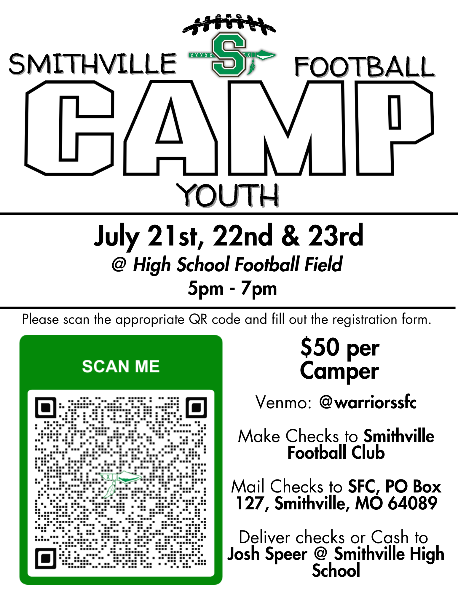 Smithville Football Youth Camp July 21, 22, 23 - $50 per camper