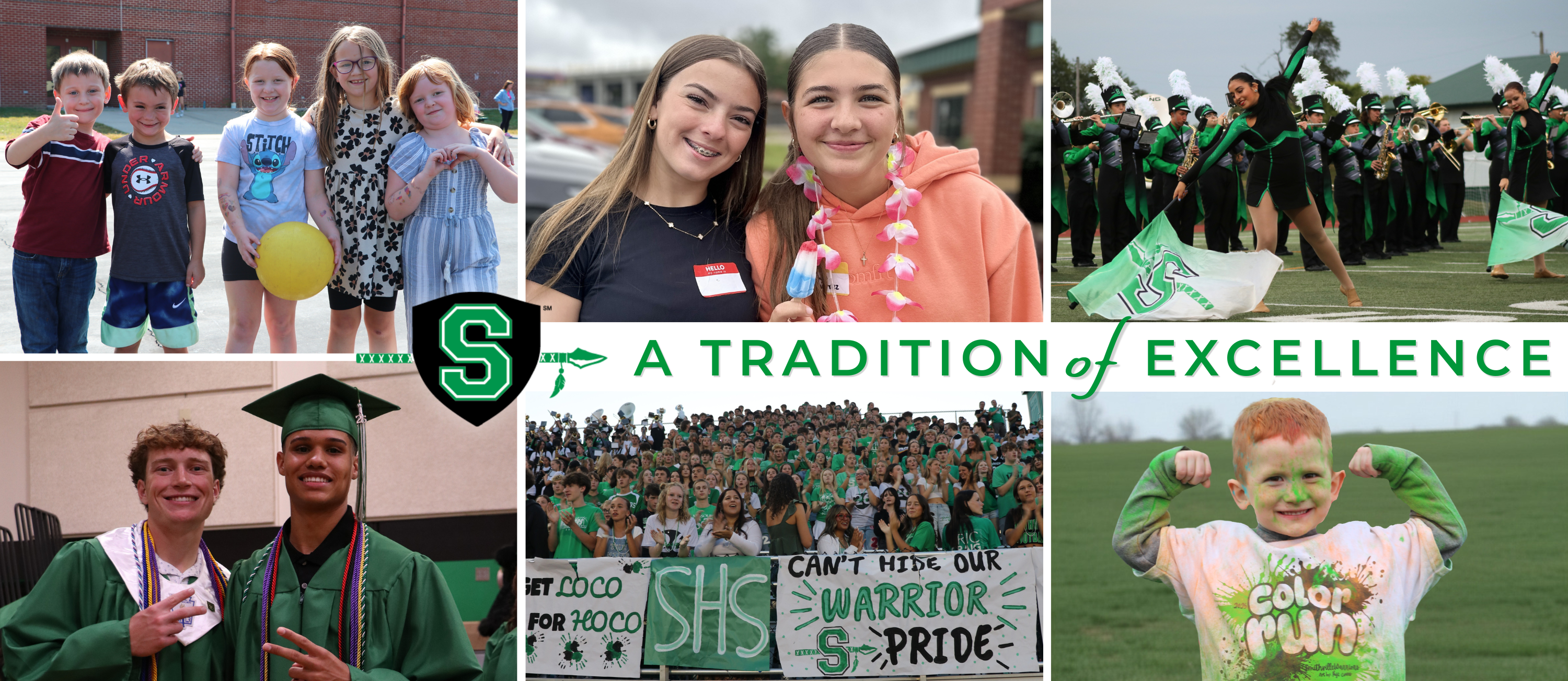 Collage showcasing students of all ages in the Smithville School District. Images include elementary students smiling outdoors, middle and high school students posing together, members of the color guard performing with the marching band, graduating seniors in caps and gowns, a packed student section displaying Warrior pride, and a young child covered in color run powder flexing for the camera. The Smithville "S" logo appears at the center alongside the slogan, "A Tradition of Excellence."