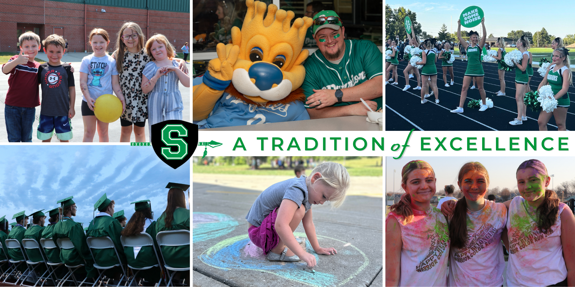 Collage of Smithville School District students, staff, athletes, graduates, and community members participating in school activities, including a school spirit event, graduation, cheerleading, chalk art, and a color run. A banner across the center reads “A Tradition of Excellence” with the Smithville Warriors logo.
