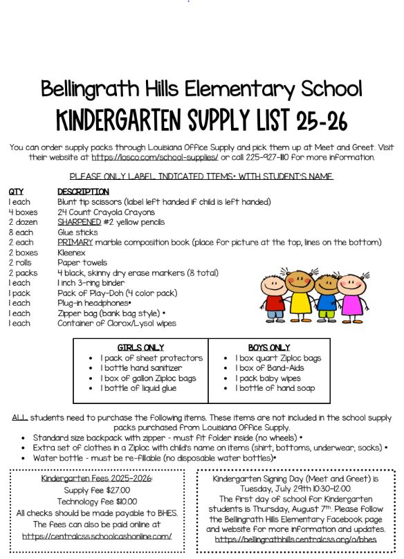 Kindergarten Supply List
